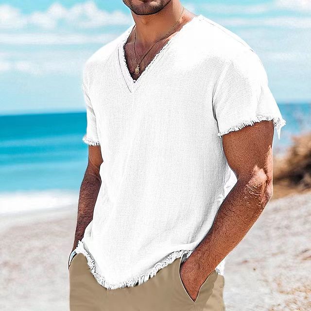 Men’s Cotton-Linen Solid Color Short Sleeve Shirt – Lightweight Summer Top