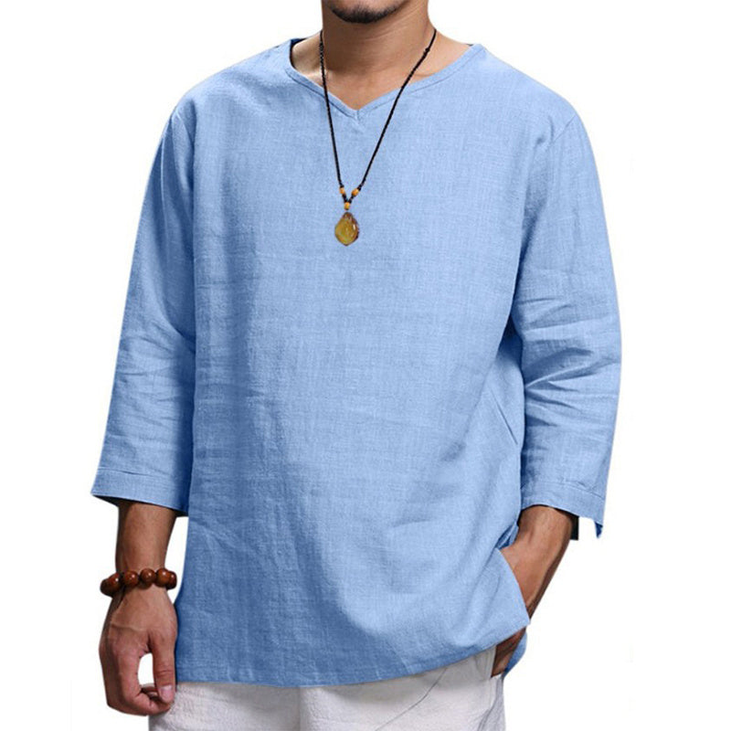 Men’s Loose Casual V-Neck Long Sleeve Shirt – Cotton & Linen Pullover Top