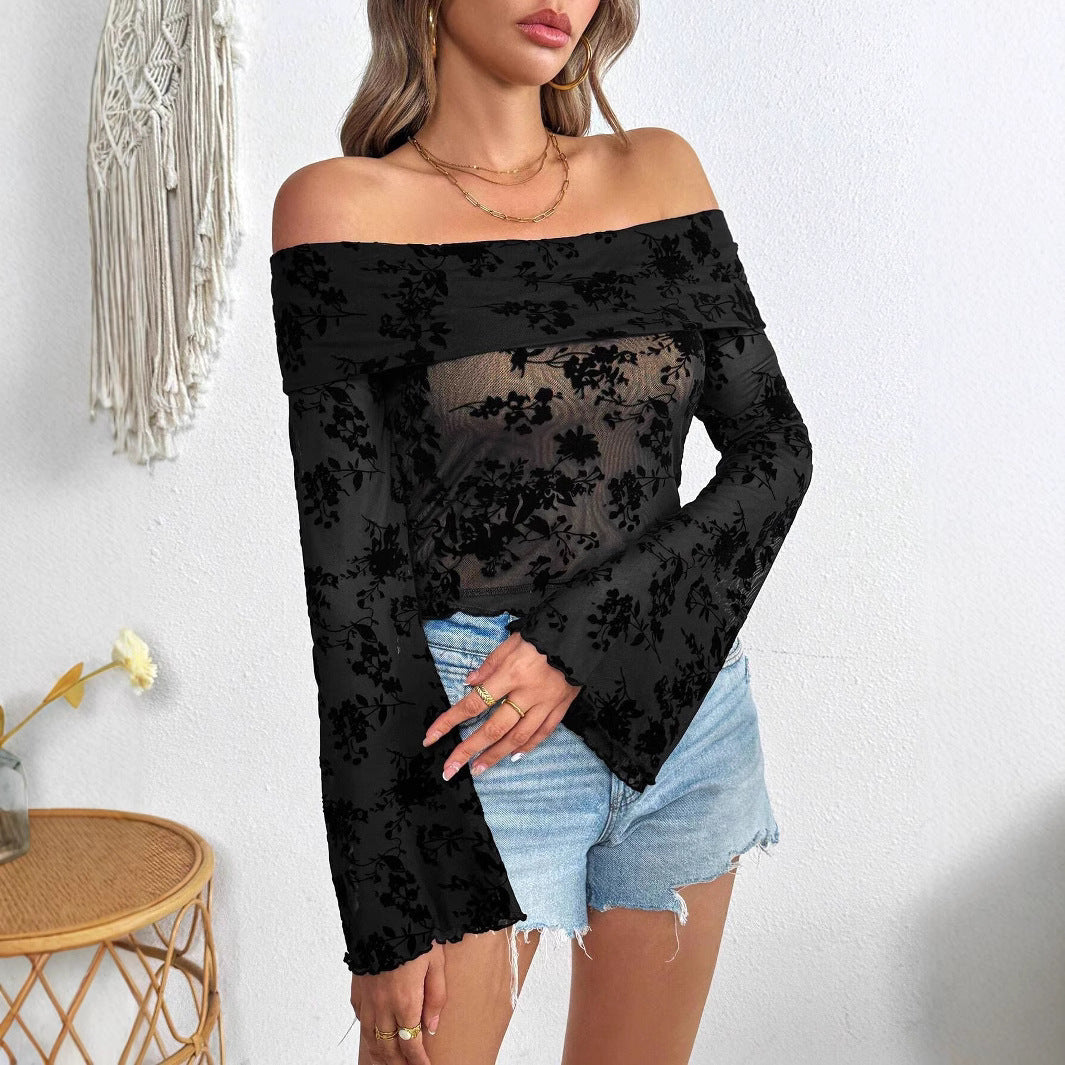 Women’s European & American Mesh Flocking Floral Print Off-Shoulder Slim T-Shirt with Flared Sleeves