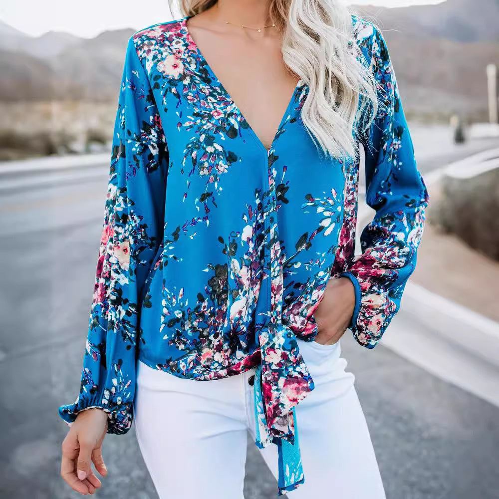 Women’s V-Neck Knotted Shirt – Long Sleeve Vintage Print Top, Casual Fashion Blouse