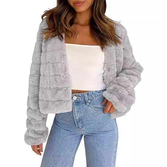 Women’s Faux Fur Cardigan – Long Sleeve Front Open Short Coat, Cozy Winter Outerwear