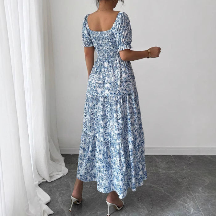 Women’s Puff Sleeve Maxi Dress – Elegant Floral Print with Square Neckline & Loose Fit
