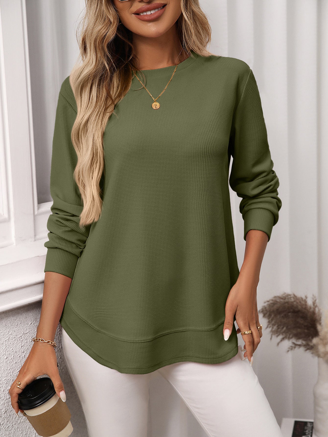 Women’s European & American Loose Waffle Knit Casual All-Match Long Sleeve T-Shirt