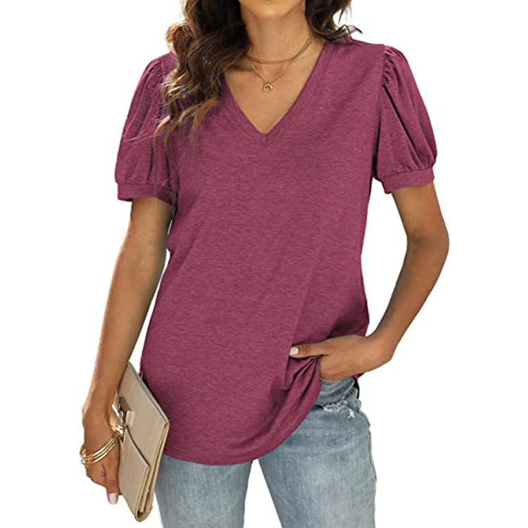 Women’s European & American Summer Casual V-Neck Puff Sleeve Loose Solid Color T-Shirt