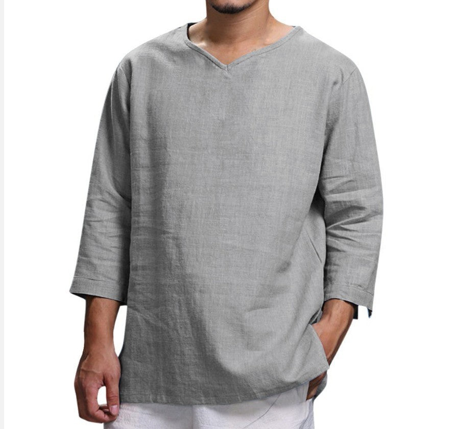 Men’s Loose Casual V-Neck Long Sleeve Shirt – Cotton & Linen Pullover Top