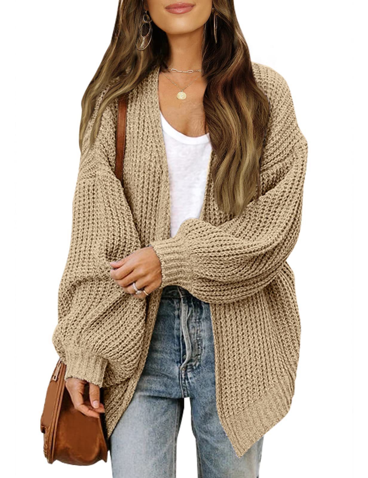 Women’s Lantern Sleeve Knit Cardigan – Casual Loose-Fit Sweater with Pockets for Fall