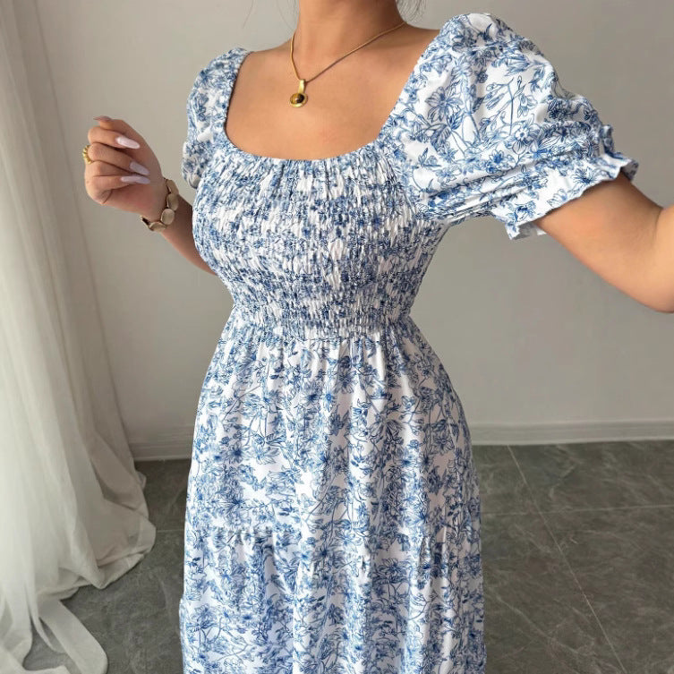 Women’s Puff Sleeve Maxi Dress – Elegant Floral Print with Square Neckline & Loose Fit