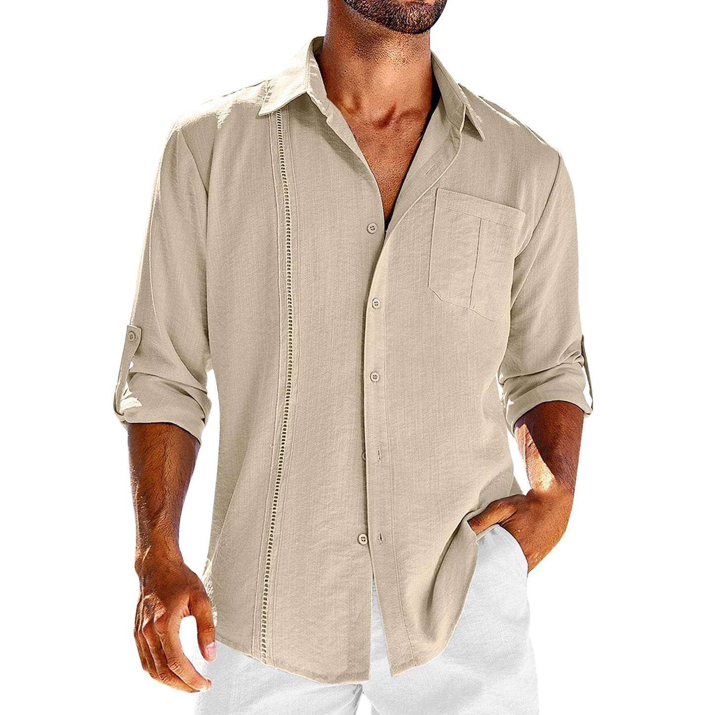 Men’s Casual Long Sleeve Polo Shirt – Solid Color Button-Up with Chest Pocket & Lace Detail