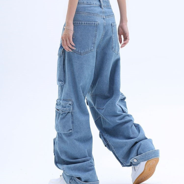 Women's Washed Baggy Jeans – Multi-Pocket High Street Style Denim Pants
