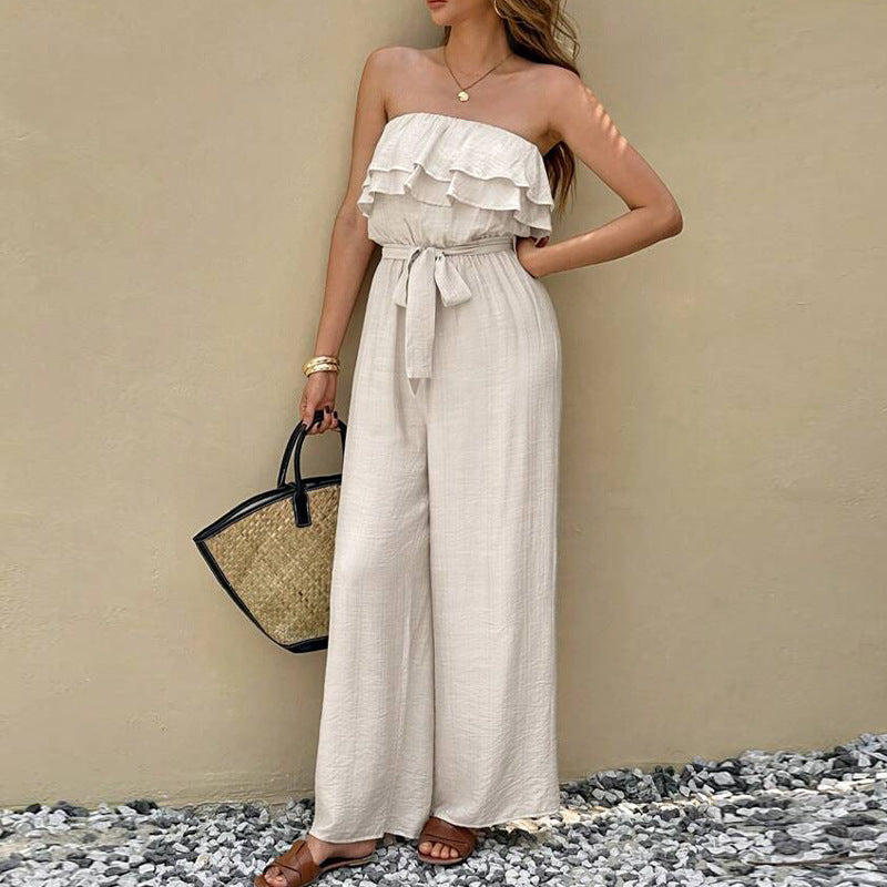 Women’s Summer Sleeveless Tube Top Jumpsuit – Ruffled Tie-Waist Casual Romper