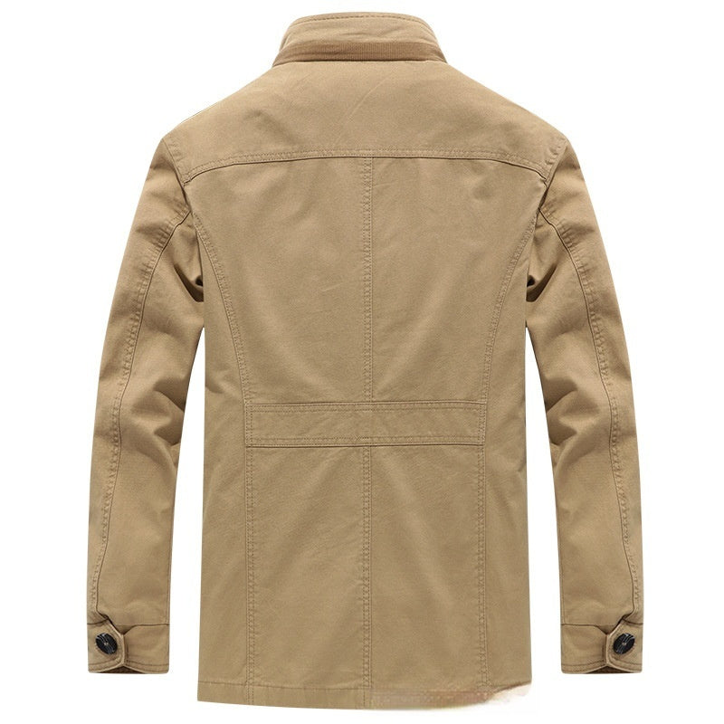Men’s Washed Cotton Trench Coat – Plus Size Mid-Length Jacket with Stand Collar