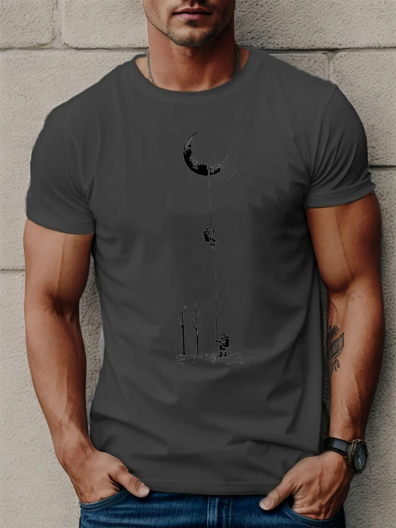 Men’s Astronaut Moon Graphic T-Shirt – Casual Short Sleeve Polyester Tee