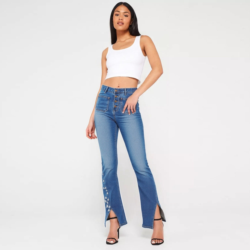 Women’s High-Waist Wide-Leg Jeans – Retro Y2K Star Patch Light-Wash Denim, Full-Length for All Seasons