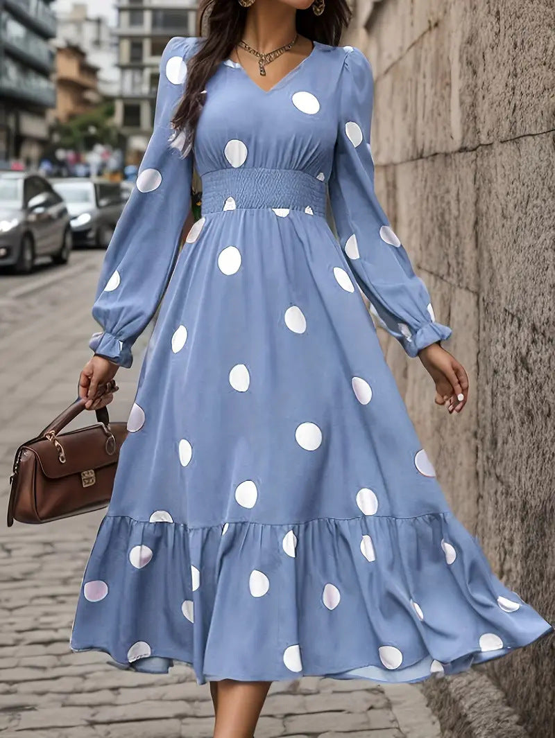 Women’s V-Neck Ruffle Hem Dress – Long Sleeve Elegant Casual Mini Dress