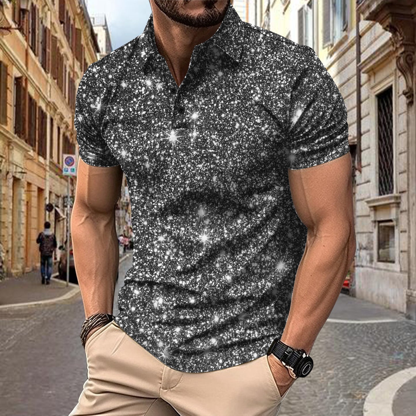 Men’s Digital Print Polo Shirt – Button Up Streetwear Casual T-Shirt