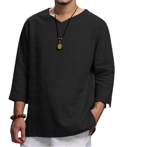 Men’s Loose Casual V-Neck Long Sleeve Shirt – Cotton & Linen Pullover Top