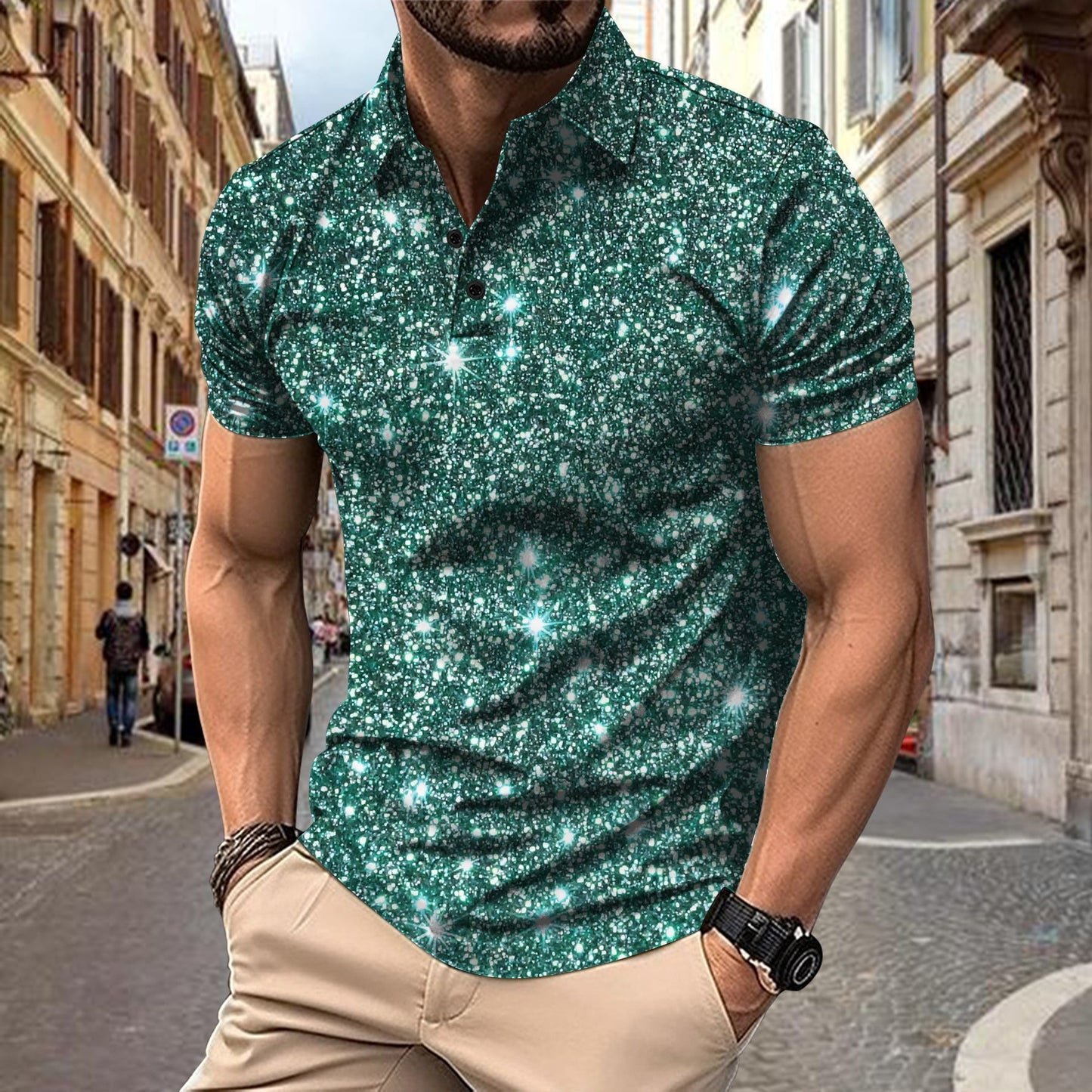 Men’s Digital Print Polo Shirt – Button Up Streetwear Casual T-Shirt