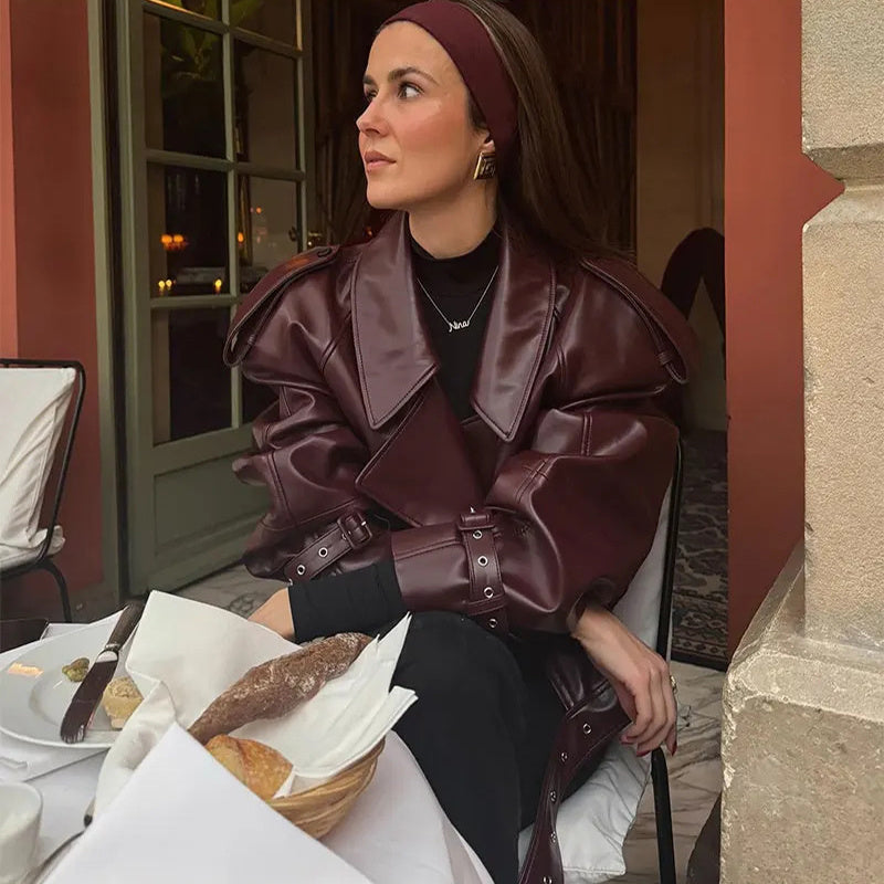 Women’s Cropped Loose Lapel Leather Jacket – Trendy Streetwear Outerwear