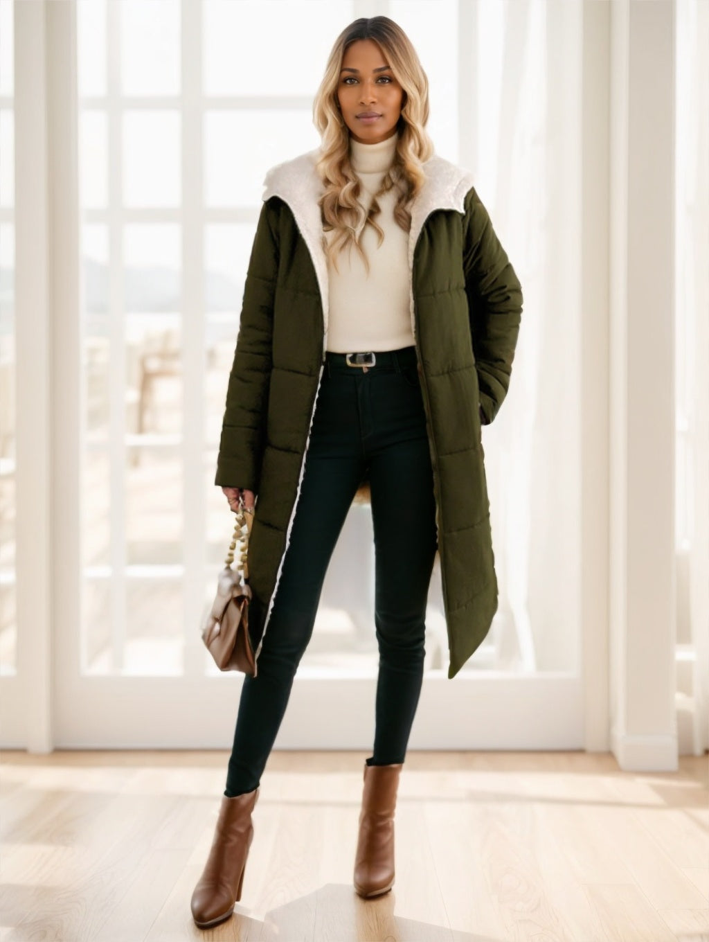 Women’s Winter Cotton Padded Coat – Long Sleeve Zip-Up Hooded Jacket
