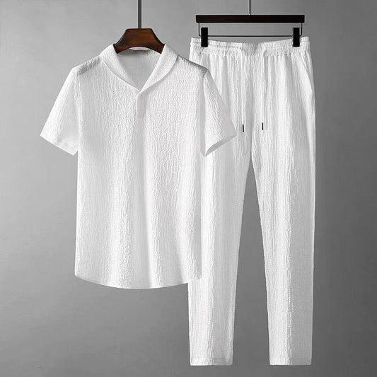 Men’s Summer Leisure Suit – Loose Short Sleeve Top & Drawstring Trousers Set