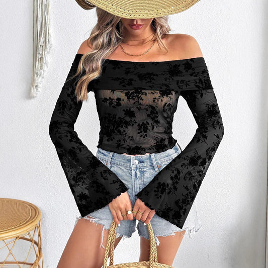 Women’s European & American Mesh Flocking Floral Print Off-Shoulder Slim T-Shirt with Flared Sleeves