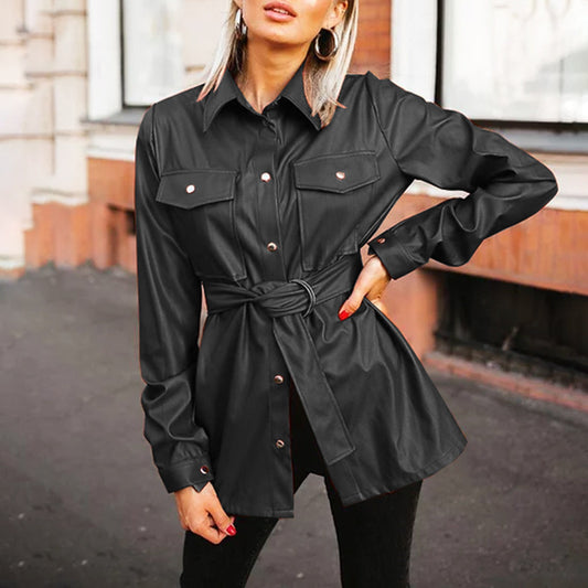 Women’s Faux Leather Belted Shirt – Long Sleeve Lapel Shacket with Pockets for Casual Chic Style