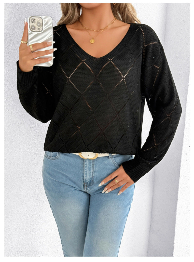 Women’s V-Neck Cutout Plaid Sweater – Sexy Long Sleeve Solid Color Knit Top