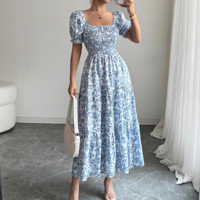 Women’s Puff Sleeve Maxi Dress – Elegant Floral Print with Square Neckline & Loose Fit