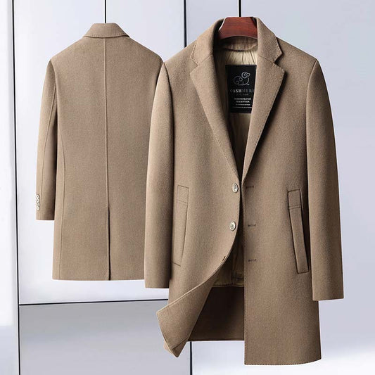 Men’s Handmade Wool Coat – Mid-Length Suit Collar Overcoat with Removable Goose Down Liner