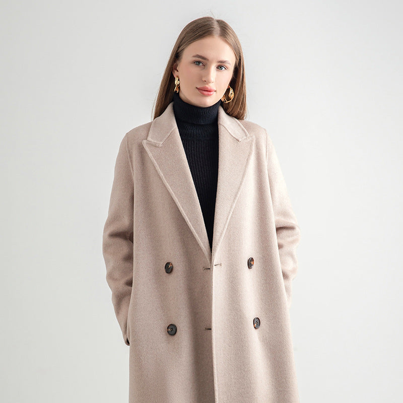 Women’s Mid-Length Wool Overcoat – Elegant Winter Woolen Coat for Cold Weather