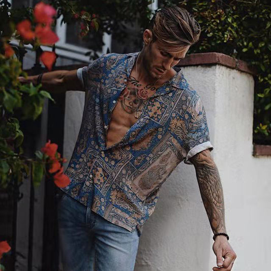 Tropical Beach Print Shirt – Short Sleeve Casual Vacation Wear for Men