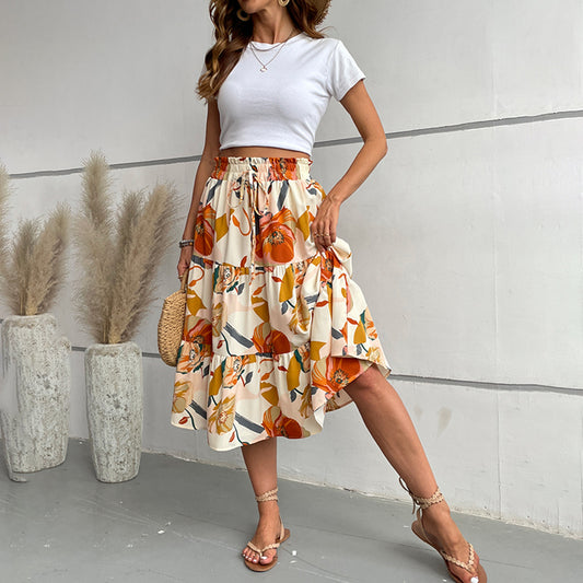 Women’s Floral Tiered Midi Skirt – Elastic Waist A-Line Boho Casual Dressy Skirt