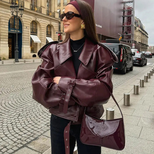 Women’s Cropped Loose Lapel Leather Jacket – Trendy Streetwear Outerwear