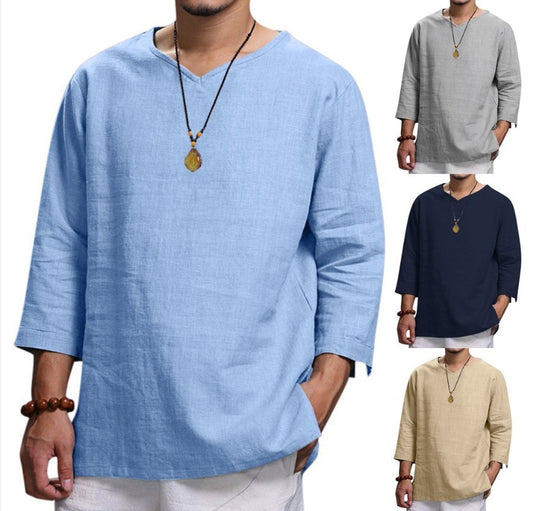 Men’s Loose Casual V-Neck Long Sleeve Shirt – Cotton & Linen Pullover Top