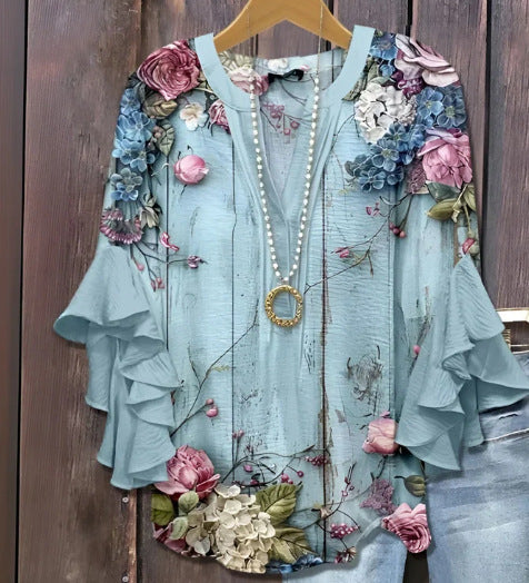 Women’s Creative Printed V-Neck T-Shirt – Casual Lotus Sleeve Top