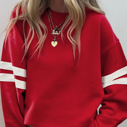Women’s Oversized Varsity Sweatshirt – Fiery Red Drop Shoulder Pullover with Striped Detail