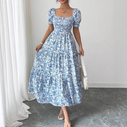 Women’s Puff Sleeve Maxi Dress – Elegant Floral Print with Square Neckline & Loose Fit