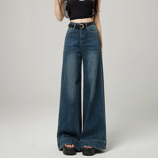Women’s Dark Blue High-Waist Wide-Leg Pants – Korean Style Loose Fit with Raw Hem