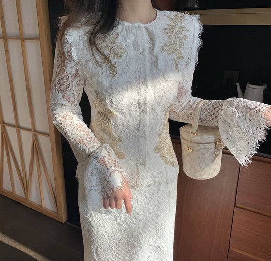 Women’s White Lace Suit – Elegant Minority Fashion Socialite Outfit
