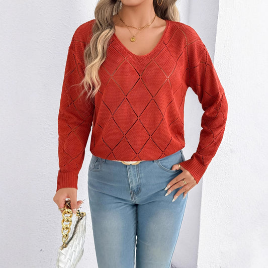 Women’s V-Neck Cutout Plaid Sweater – Sexy Long Sleeve Solid Color Knit Top