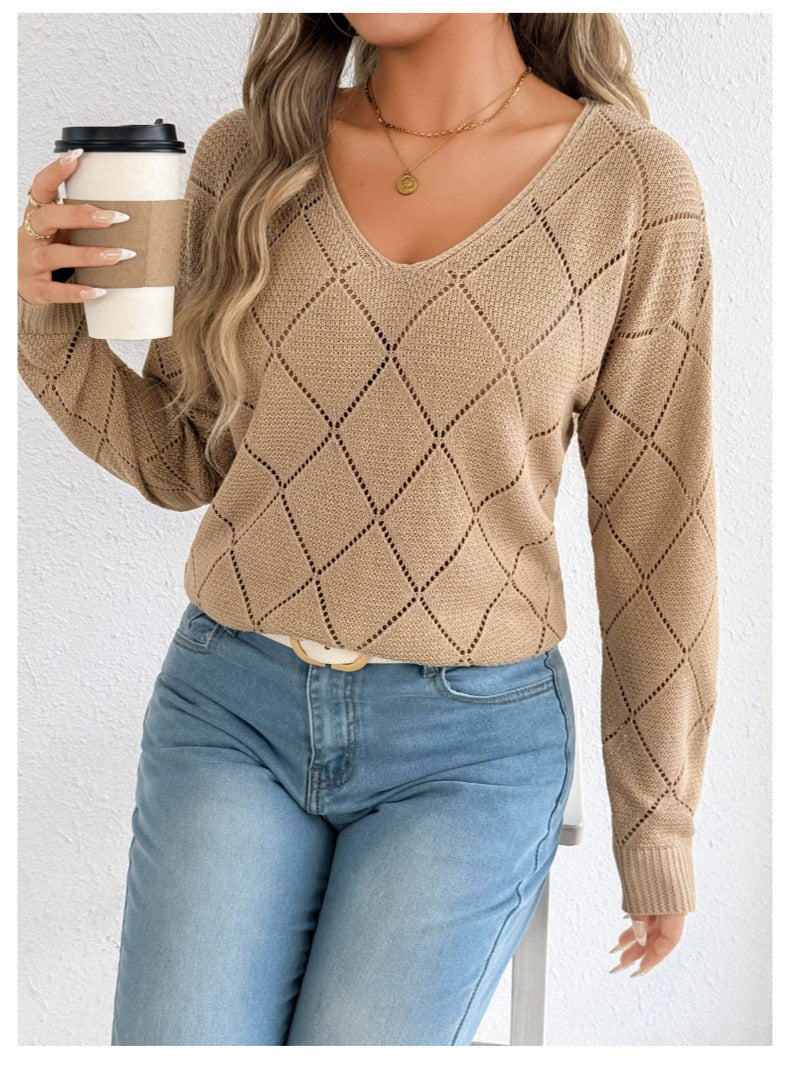 Women’s V-Neck Cutout Plaid Sweater – Sexy Long Sleeve Solid Color Knit Top