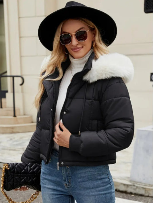 Women’s Mint Green Puffer Jacket – Chic Hooded Coat with Faux Fur Trim