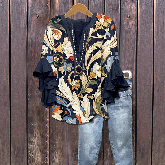 Women’s Creative Printed V-Neck T-Shirt – Casual Lotus Sleeve Top