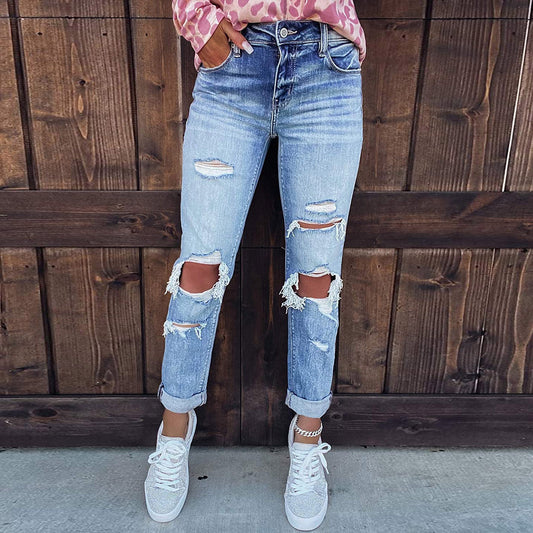 Women’s Skinny Ripped Hand-Worn Jeans – Distressed Denim Pants
