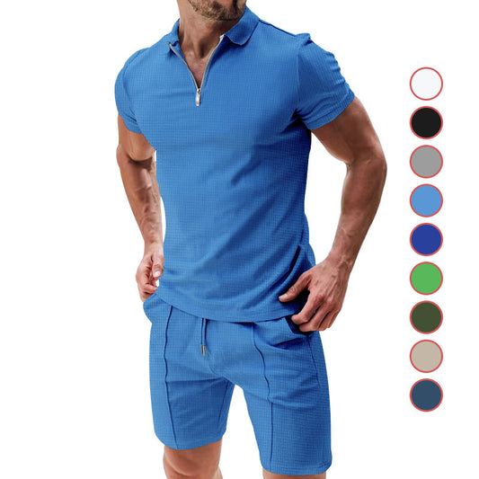 Men’s 2-Piece Casual Waffle Knit Summer Set – Zipper Lapel Short Sleeve Top & Drawstring Shorts