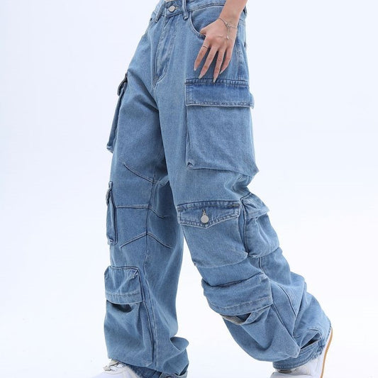 Women's Washed Baggy Jeans – Multi-Pocket High Street Style Denim Pants