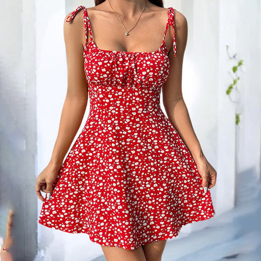 Women’s Floral Boho Mini Dress – Spaghetti Strap Ruffle Summer Dress with Tie Shoulders