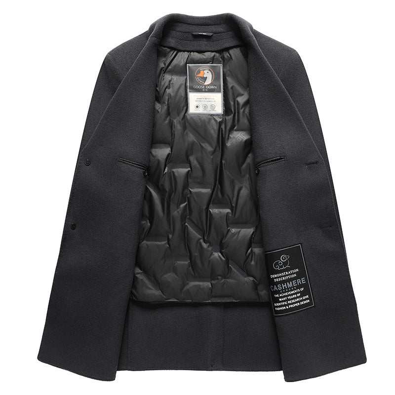 Men’s Handmade Wool Coat – Mid-Length Suit Collar Overcoat with Removable Goose Down Liner