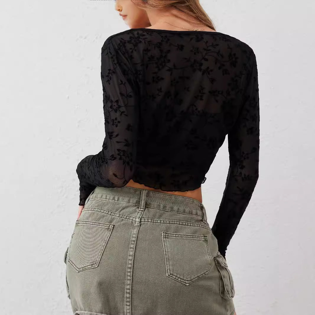 Women’s European & American Elegant Transparent Mesh Flocking Front Lace-Up Top