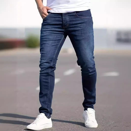 Men’s European & American Slim Fit Distressed Casual Jeans – Trendy Worn Denim Pants